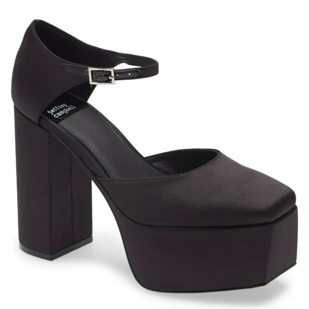 Jeffrey Campbell Over-N-Out Black Satin Platform Pumps Chunky Block Heel Size 11